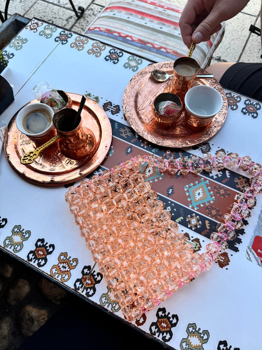 Core Peach Beaded Bag by Kloopbags with gold hardware